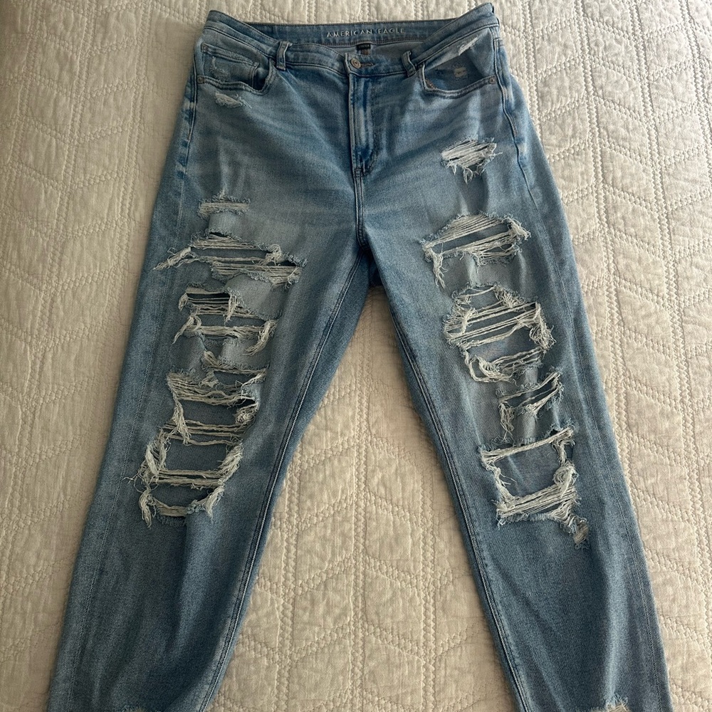 American Eagle Outfitters Blue Boyfriend Jeans with Distressed Details
